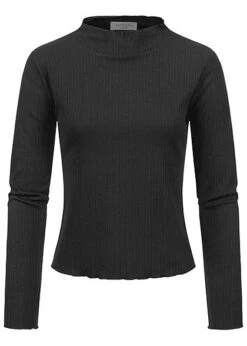 Sublevel Damen Ribbed Frill Longsleeve Pullover High-Neck Schwarz