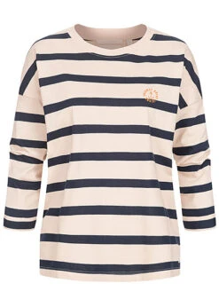 Tom Tailor Damen 7/8-Arm Longsleeve Streifen Muster Stickerei Navy Blau Weiss