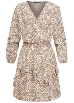 Styleboom Fashion Damen V-Neck Chiffon Crepe Kleid Stufenrock Off Weiss Beige