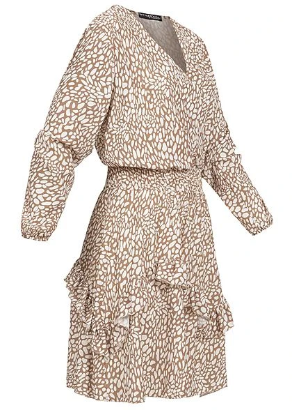 Styleboom Fashion Damen V-Neck Chiffon Crepe Kleid Stufenrock Off Weiss Beige 2 Styleboom Fashion Damen V-Neck Chiffon Crepe Kleid Stufenrock Off Weiss Beige – Bild 2