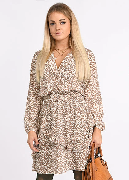 Styleboom Fashion Damen V-Neck Chiffon Crepe Kleid Stufenrock Off Weiss Beige 4 Styleboom Fashion Damen V-Neck Chiffon Crepe Kleid Stufenrock Off Weiss Beige – Bild 4