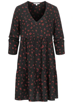 Tom Tailor Damen 3/4 Arm V-Neck Babydoll Kleid Blumen Muster Volantärmel Schwarz Rot