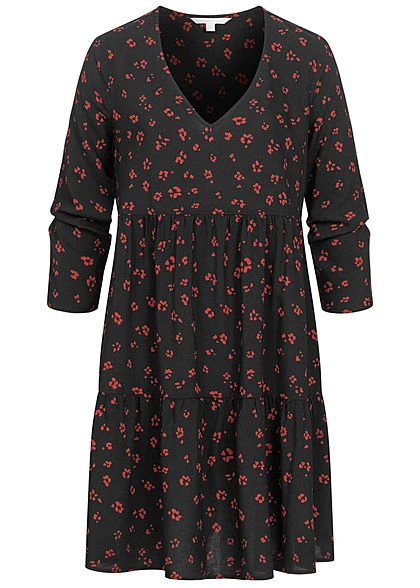 Tom Tailor Damen 3/4 Arm V-Neck Babydoll Kleid Blumen Muster Volantärmel Schwarz Rot 1 Tom Tailor Damen 3/4 Arm V-Neck Babydoll Kleid Blumen Muster Volantärmel Schwarz Rot