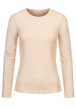 Tom Tailor Damen Ribbed Frill Longsleeve Soft Creme Beige