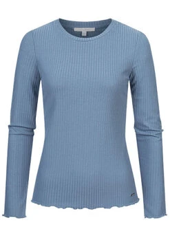 Tom Tailor Damen Ribbed Frill Longsleeve Soft Mid Blau