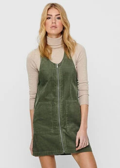 JACQUELINE DE YONG JDY By ONLY Damen Mini Cord Jeans Kleid Mit Zipper Vone 2-Pockets Kalamata Oliv Grün