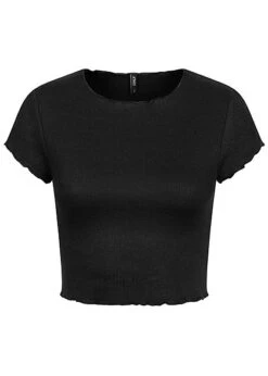 ONLY Damen Ribbed Crop Top T-Shirt Mit Wellendetails Am Saum Schwarz
