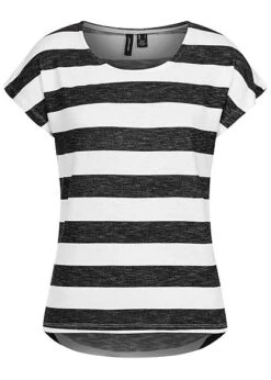 Vero Moda Damen NOOS Viskose Shirt Mit Streifen Muster Vokuhila Snow Weiss Schwarz