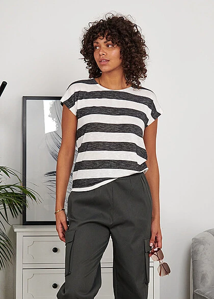 Vero Moda Damen NOOS Viskose Shirt Mit Streifen Muster Vokuhila Snow Weiss Schwarz 3 Vero Moda Damen NOOS Viskose Shirt Mit Streifen Muster Vokuhila Snow Weiss Schwarz – Bild 3