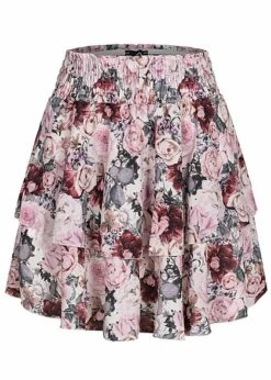 Styleboom Fashion Damen Mini Stufenrock Rosen Muster 2-lagig Weiss Multicolor