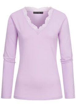 Fresh Made Damen V-Neck Spitzen Longsleeve Tender Lila