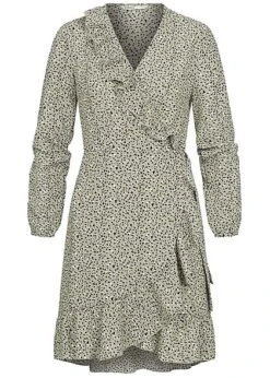 ONLY Damen NOOS V-Neck Mini Wickelkleid Mit Frilldetails Punkte Muster Seagrass Grün