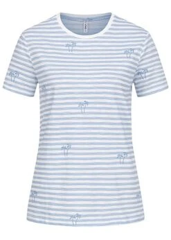 ONLY Damen Basic T-Shirt Streifen & Palmen Muster Bright Weiss Blau