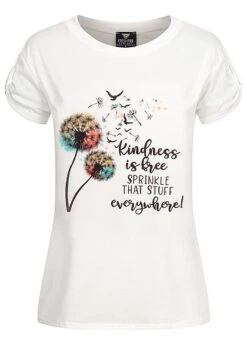 Fresh Tee Damen T-Shirt Mit Ärmelumschlag Pusteblumen Kindness Print Weiss