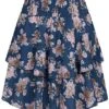 Styleboom Fashion Damen Mini Stufenrock Blumen Muster Breiter Bund Navy Blau Rosa