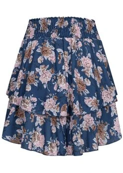 Styleboom Fashion Damen Mini Stufenrock Blumen Muster Breiter Bund Navy Blau Rosa -Onlyy Kleidung Geschaft 21036541 2