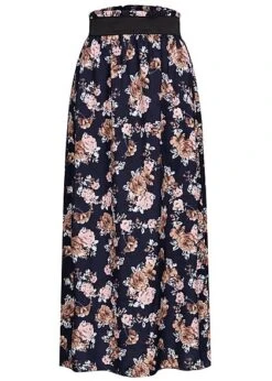 Styleboom Fashion Damen Paperbag Longform Rock Blumen Print Navy Rosa Beige