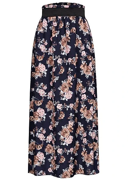 Styleboom Fashion Damen Paperbag Longform Rock Blumen Print Navy Rosa Beige 1 Styleboom Fashion Damen Paperbag Longform Rock Blumen Print Navy Rosa Beige