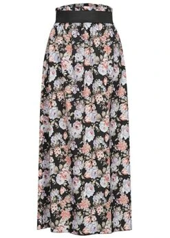 Styleboom Fashion Damen Paperbag Longform Rock Blumen Print Schwarz Multic.