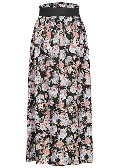 Styleboom Fashion Damen Paperbag Longform Rock Blumen Print Schwarz Multic. 1 Styleboom Fashion Damen Paperbag Longform Rock Blumen Print Schwarz Multic.