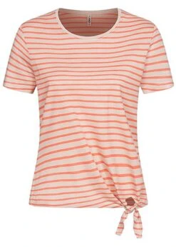 ONLY Damen T-Shirt Bindedetail Seitlich Vorne Streifen Muster Moonbeam Beige Orange