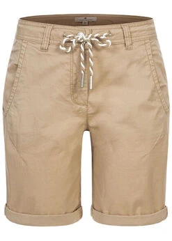 Tom Tailor Damen Bermuda Capri Hose 4-Pockets Tunnelzug Desert Linen Beige