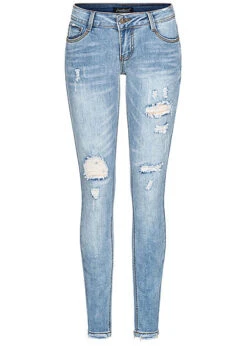 Cloud5ive Damen Skinny Jeans Hose Destroy Look 5-Pockets Hellblau Denim