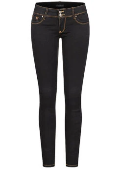 Cloud5ive Damen Skinny Jeans Hose 5-Pockets Kontrastnähte Schwarz Denim