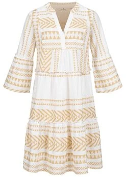 Tom Tailor Damen 7/8 Arm V-Neck Stufenkleid Boho-Kleid Jaquard Muster Desert Beige