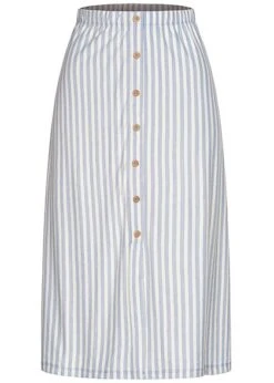 ONLY Damen Longform Rock Knopfleiste Streifen Muster Faded Denim Blau Weiss