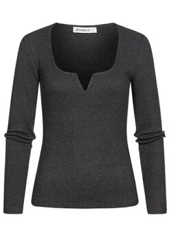 Seventyseven Lifestyle Damen Ribbed V-Neck Longsleeve Dunkel Grau Melange