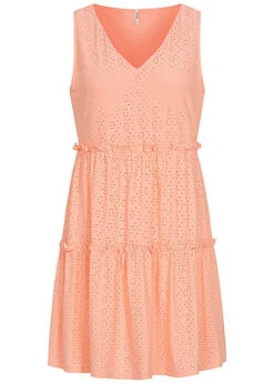 ONLY Damen V-Neck Stufenkleid Frill Details Strukturstoff Peach Melba Orange