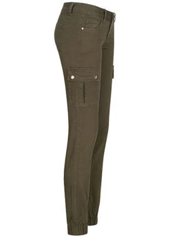 Seventyseven Lifestyle Damen Cargo Jeans Hose 7-Pockets Casual Fit Khaki Grün Denim
