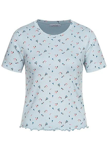 Stitch And Soul Damen Ribbed Frill T-Shirt Blumen Muster Vintage Jeans Blau 1 Stitch And Soul Damen Ribbed Frill T-Shirt Blumen Muster Vintage Jeans Blau