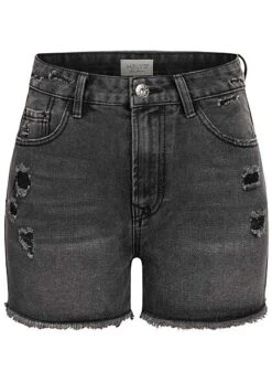 Hailys Damen High-Waist Jeans Shorts 5-Pockets Destroy Look Offener Saum Dunkel Grau