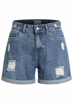 Hailys Damen Kurze Mom-Fit Jeans Shorts Destroyed Look 5-Pockets Medium Blau Denim