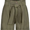 Seventyseven Lifestyle Damen High-Waist Paperbag Shorts Mit Bindegürtel Olive Grün