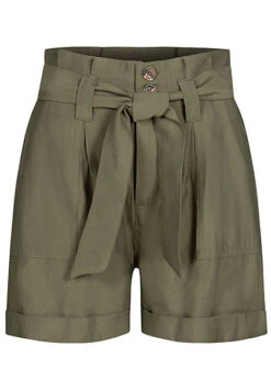 Seventyseven Lifestyle Damen High-Waist Paperbag Shorts Mit Bindegürtel Olive Grün