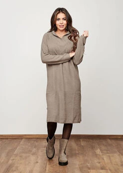 VILA Damen NOOS Midi V-Neck Strickkleid Schlitze Seitlich Gerippte Säume Fungi Braun -Onlyy Kleidung Geschaft 21083933 3