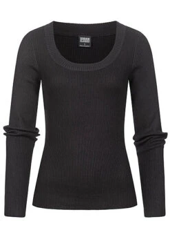 Urban Classics Damen Ribbed Longsleeve Pullover Mit Weitem Ausschnitt Schwarz