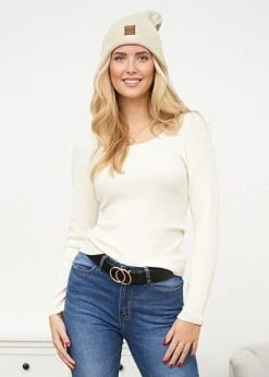 Urban Classics Damen Ribbed Longsleeve Pullover Mit Weitem Ausschnitt Whitesand Beige