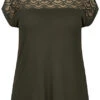 ONLY Carmakoma Damen NOOS Viskose T-Shirt Materialmix Spitze Oben Forest Night Oliv
