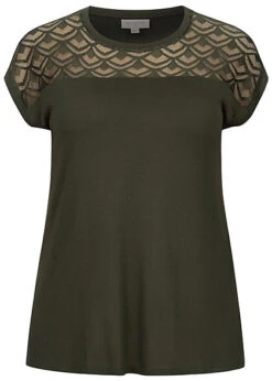 ONLY Carmakoma Damen NOOS Viskose T-Shirt Materialmix Spitze Oben Forest Night Oliv
