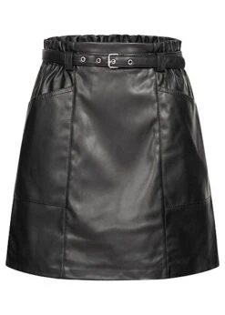 ONLY Damen Kunstleder Mini Rock Inkl. Bindegürtel 2-Pockets Schwarz