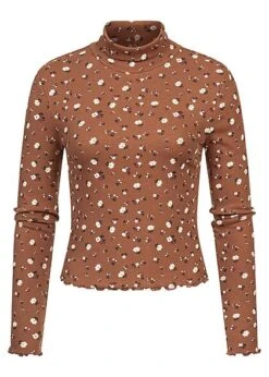 ONLY Damen Kurzes Rollkragen Longsleeve Frill Blumen Muster Carob Braun