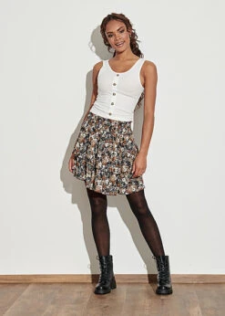 Cloud5ive Damen Rock Mini Stufenrock Blumen Print 2-lagig Schwarz Braun Mc -Onlyy Kleidung Geschaft 21096706 3