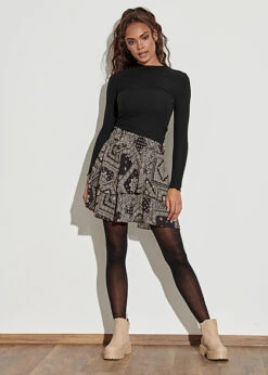 Styleboom Fashion Damen Mini Stufenrock Paisley Print 2-lagig Schwarz Beige -Onlyy Kleidung Geschaft 21096711 3