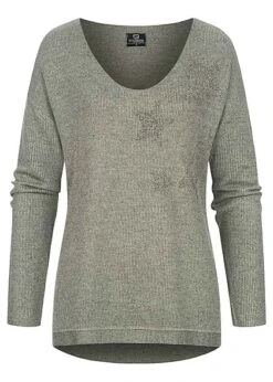 Styleboom Fashion Damen Longsleeve Pullover Mit Sternenmuster Strass Oliv Grün