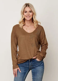Styleboom Fashion Damen Longsleeve Pullover Mit Sternenmuster Strass Braun -Onlyy Kleidung Geschaft 21096715 3
