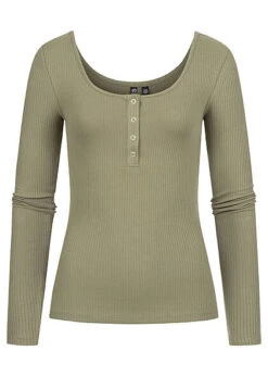 Pieces Damen NOOS Ribbed Longsleeve Pullover 4 Druckknöpfe Deep L. Grün